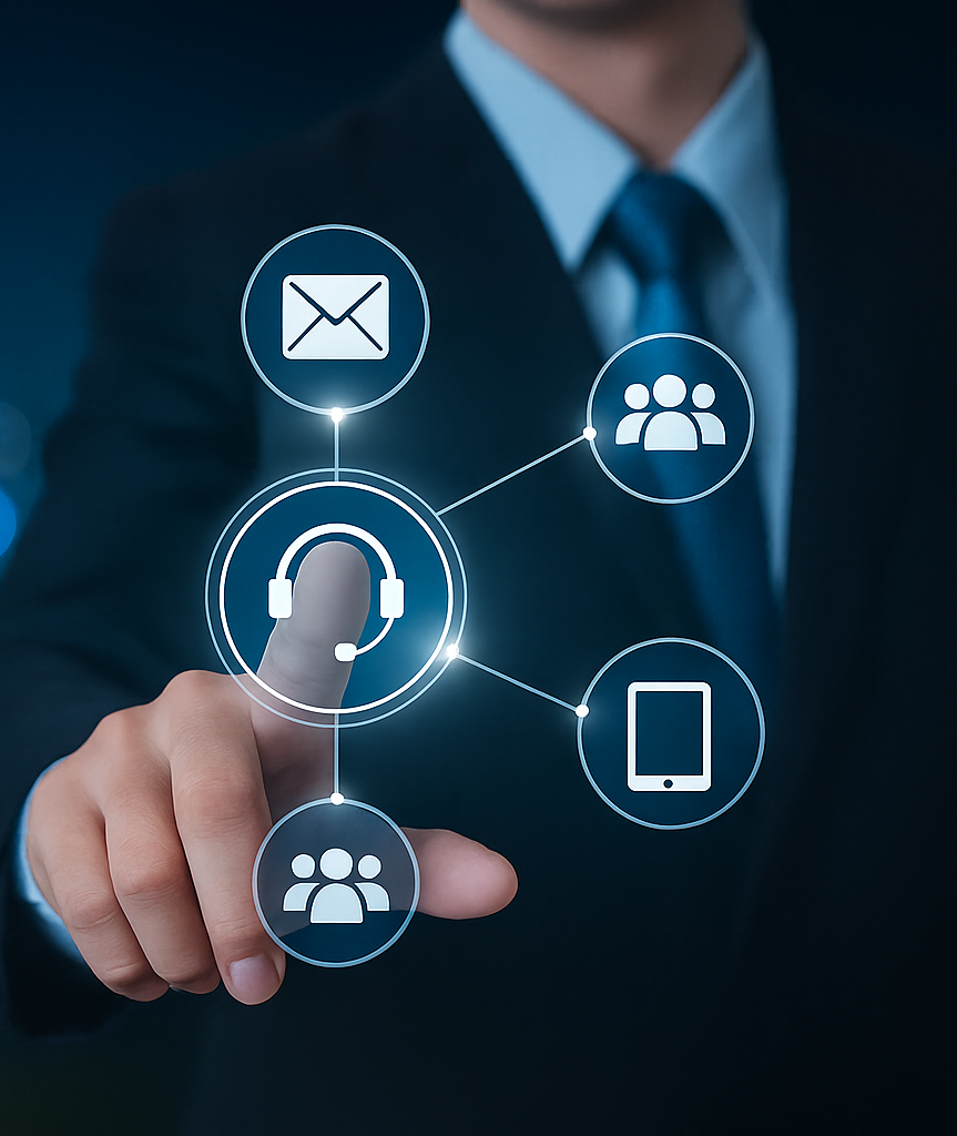 Atendente utilizando tecnologia omnichannel para apoiar clientes em loja e canais digitais.